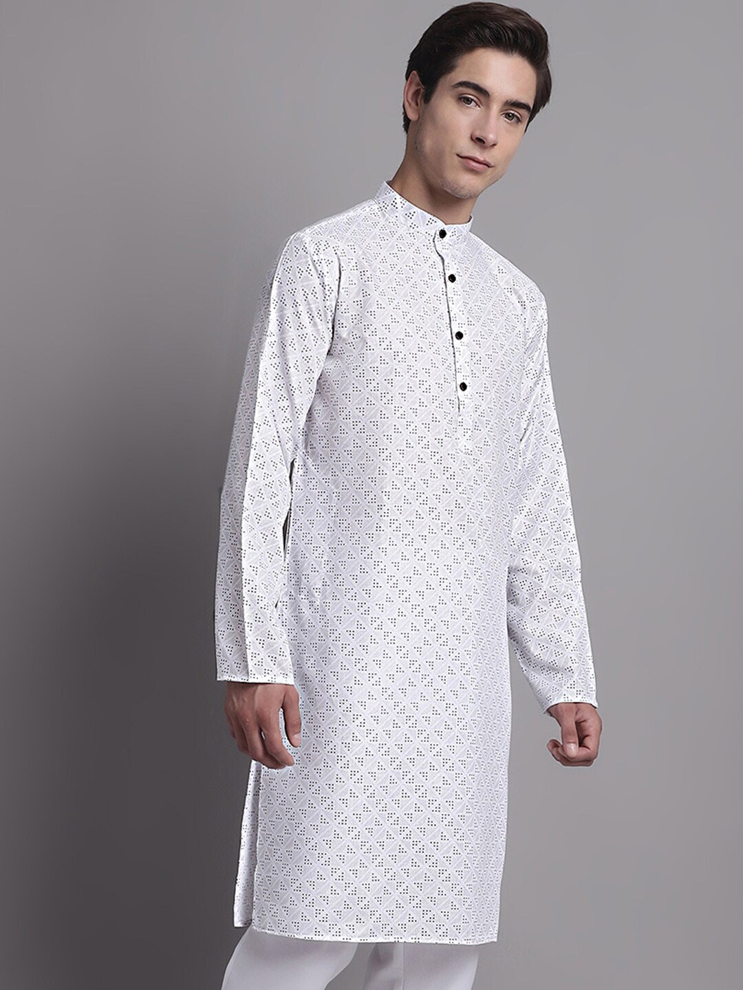 

Jompers Band Collar Geometric Printed Pure Cotton Kurta, White