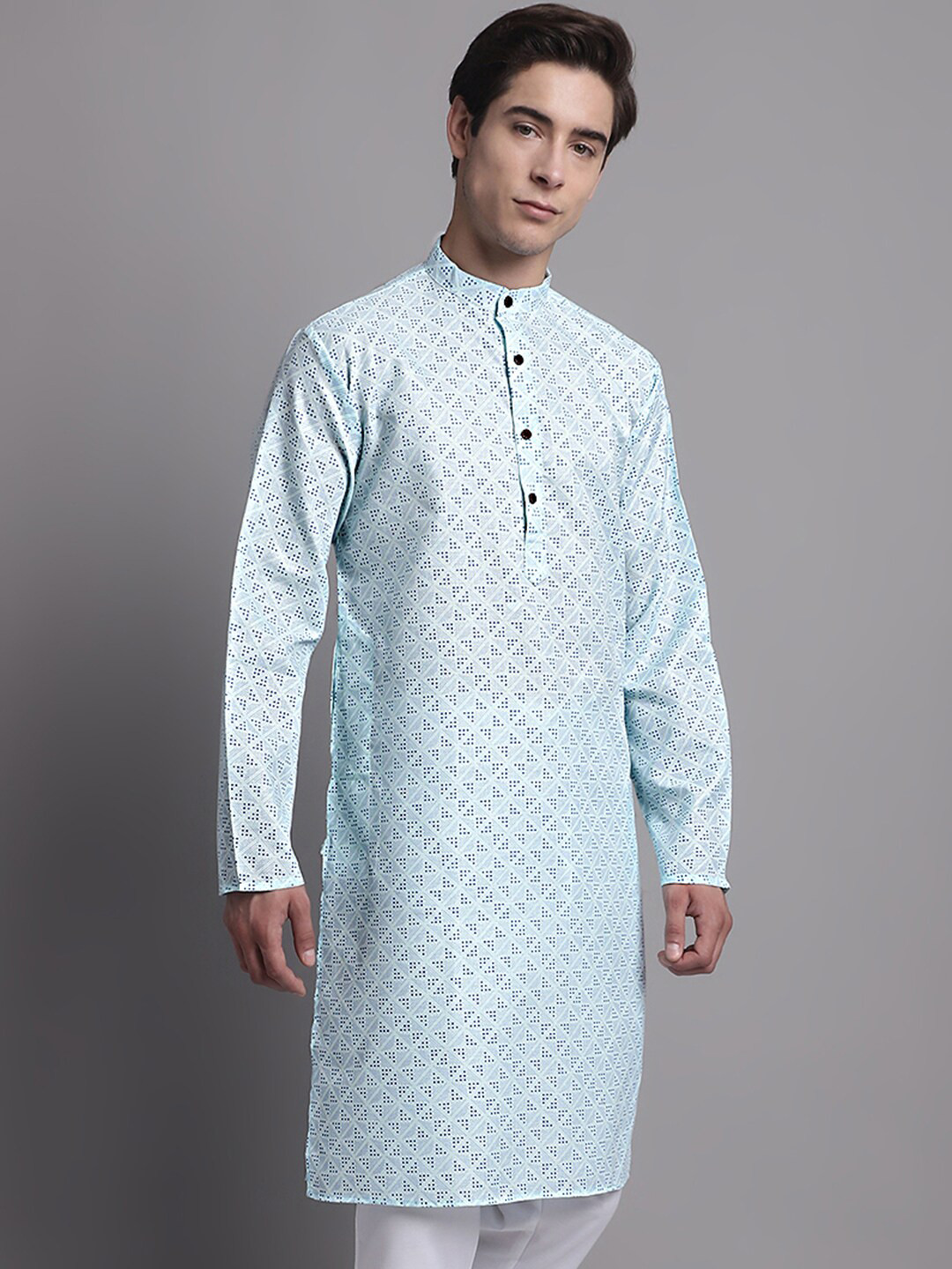 

Jompers Band Collar Geometric Printed Pure Cotton Kurta, Turquoise blue
