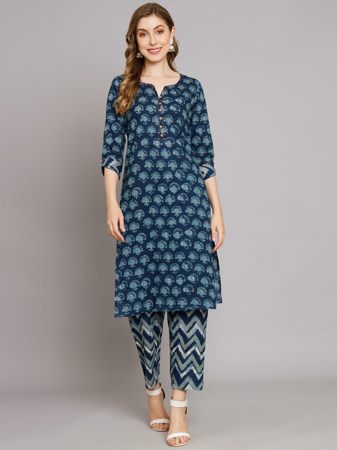 

DECKEDUP Ethnic Printed Straight Pure Cotton Kurta, Blue