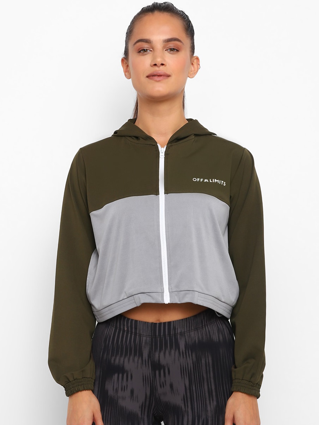 

OFF LIMITS Colourblocked Hooded Crop Sporty Jacket, Olive
