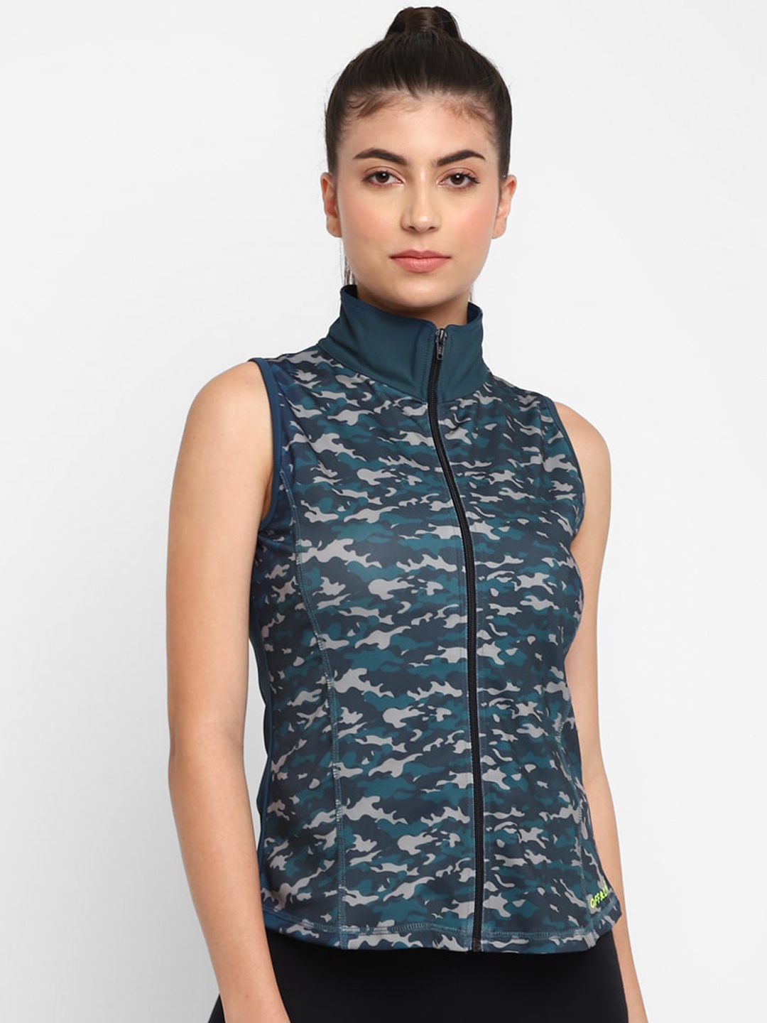 

OFF LIMITS Camouflage Printed Mock Collar Sleeveless Sporty Jacket, Teal
