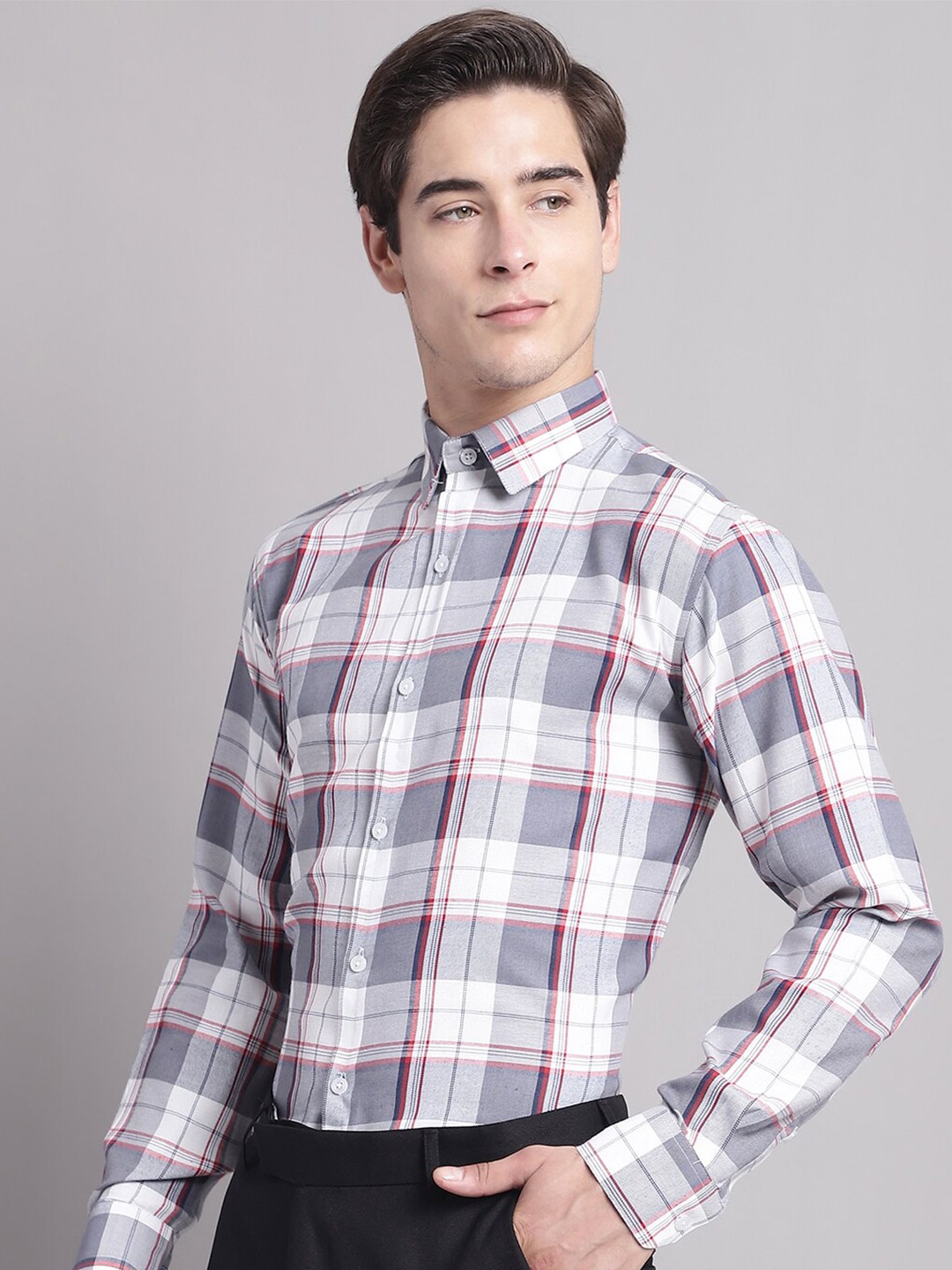 

JAINISH Tartan Checked Classic Pure Cotton Formal Shirt, Grey