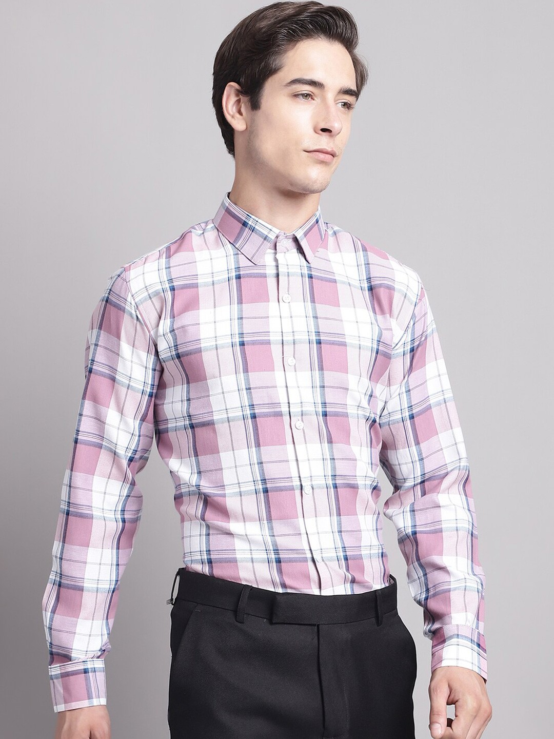 

JAINISH Tartan Checked Classic Pure Cotton Formal Shirt, White