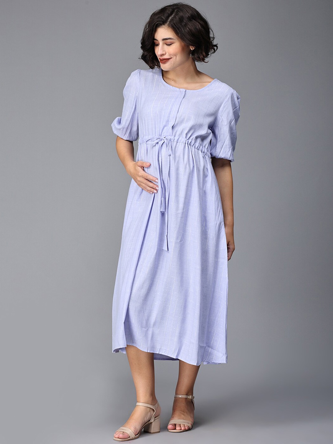 

The Mom Store Striped Puff Sleeves Cotton Empire Maternity Midi Dress, Blue