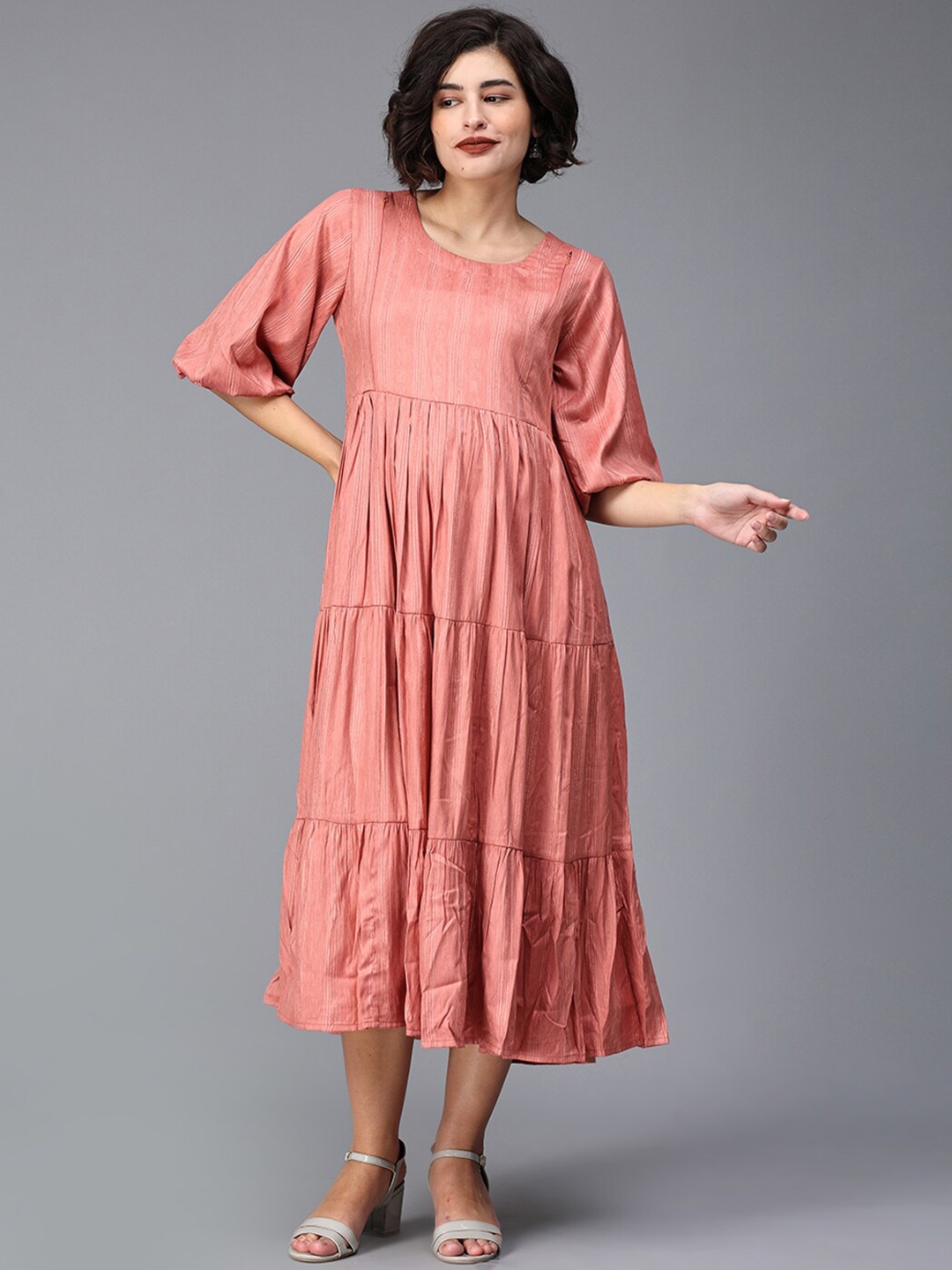 

The Mom Store Puff Sleeves Tiered Cotton Maternity Fit & Flare Midi Dress, Pink