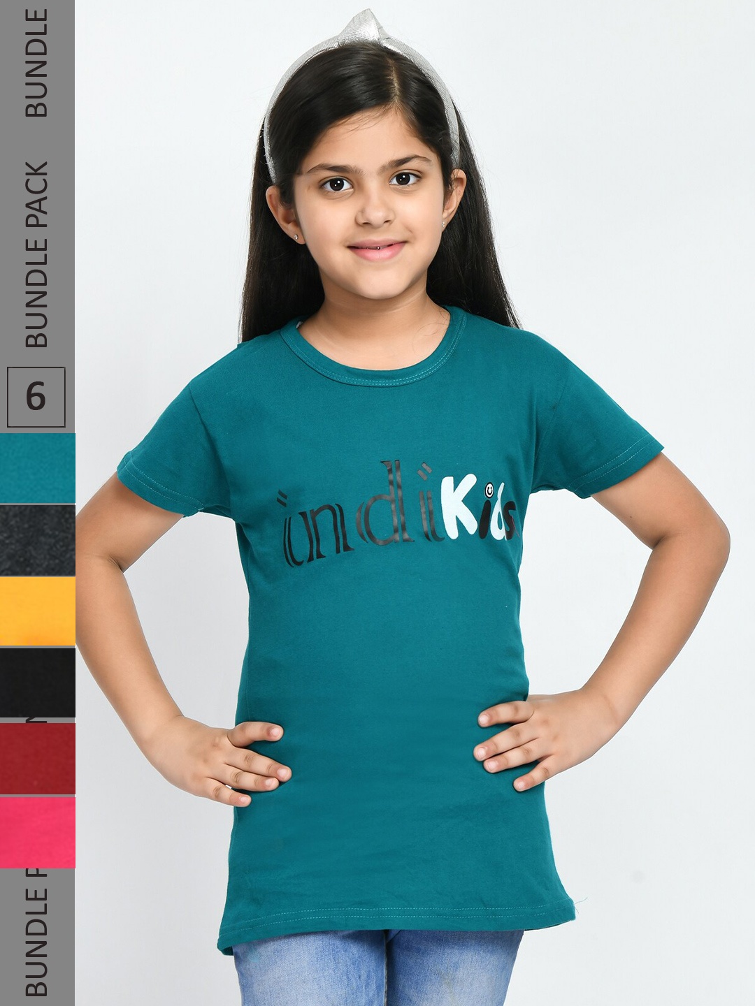 

IndiWeaves Girls Pack Of 6 Typography Printed Cotton T-shirts, Teal