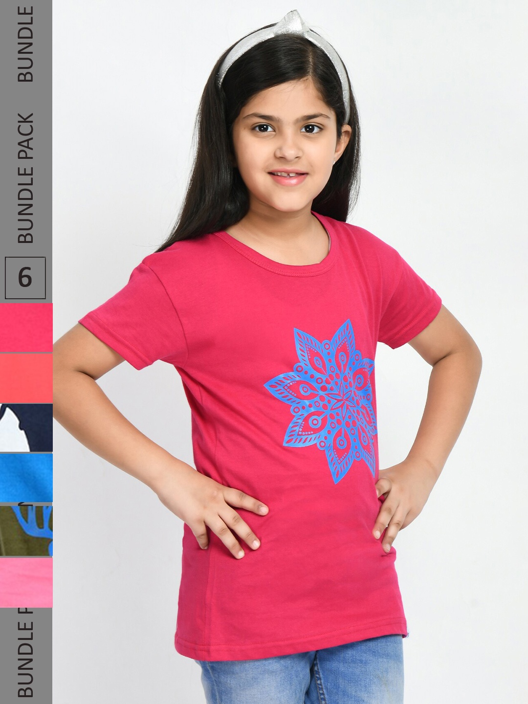 

IndiWeaves Girls Pack Of 6 Graphic Printed Cotton T-shirts, Pink