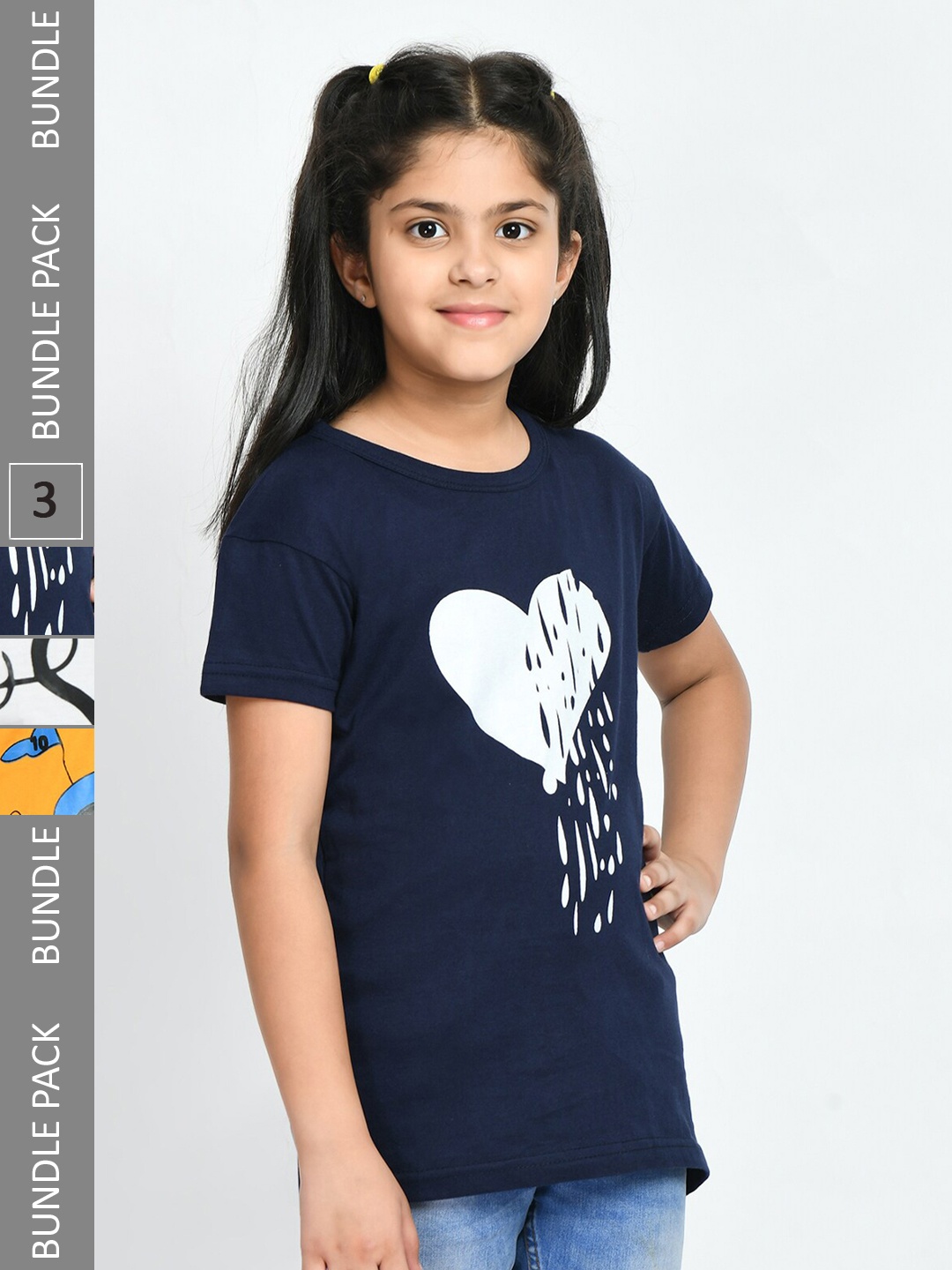 

IndiWeaves Girls Pack Of 3 Printed Cotton T-Shirt, Navy blue