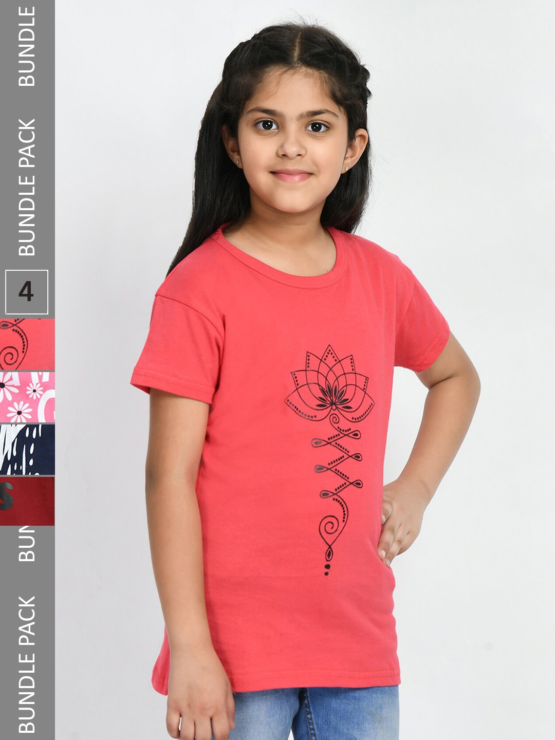 

IndiWeaves Girls Pack Of 4 Printed Cotton T-Shirt, Orange