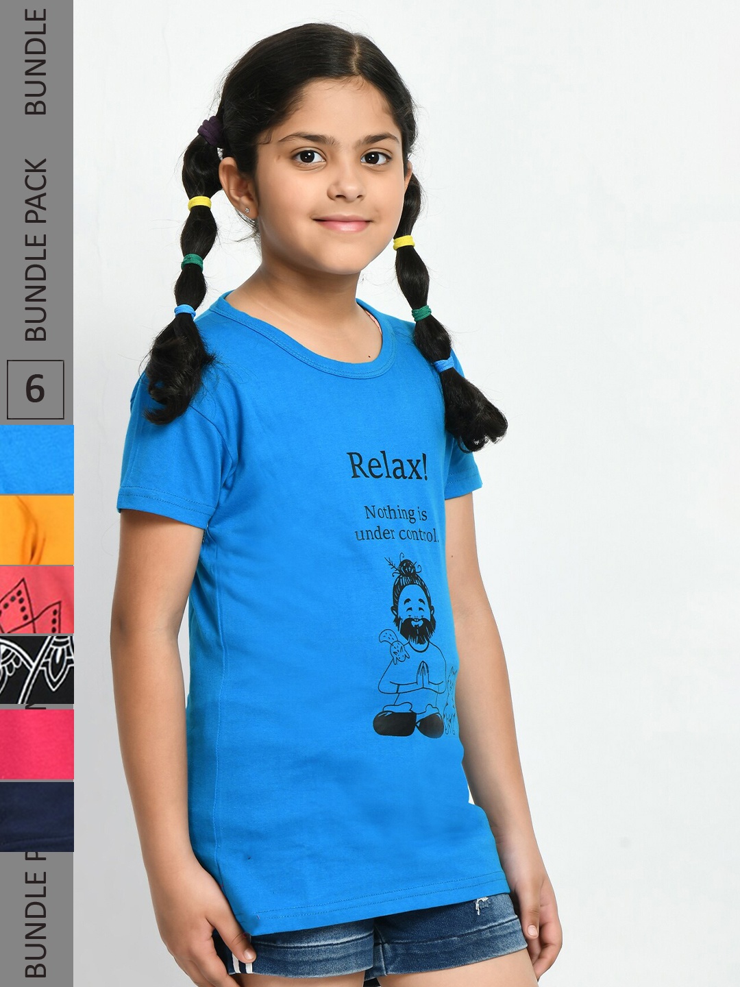 

IndiWeaves Girls Pack Of 6 Printed Cotton T-Shirt, Blue