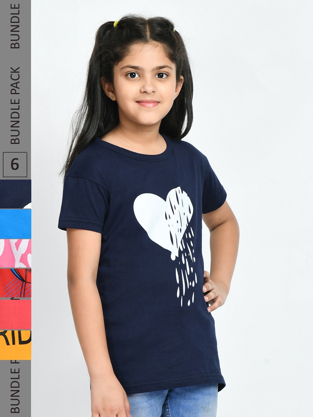 

IndiWeaves Girls Pack Of 6 Graphic Printed Cotton T-shirts, Navy blue