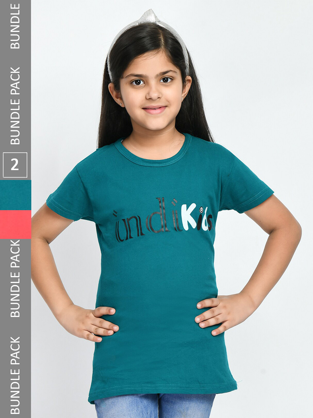 

IndiWeaves Girls Pack Of 2 Cotton T-shirt, Teal