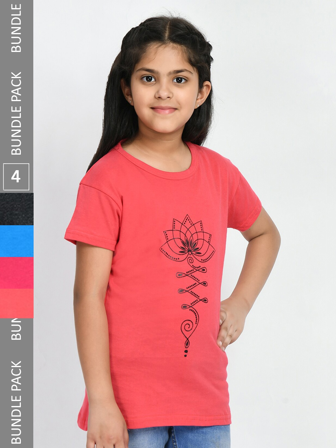 

IndiWeaves Girls Pack Of 4 Printed Cotton T-shirts, Coral