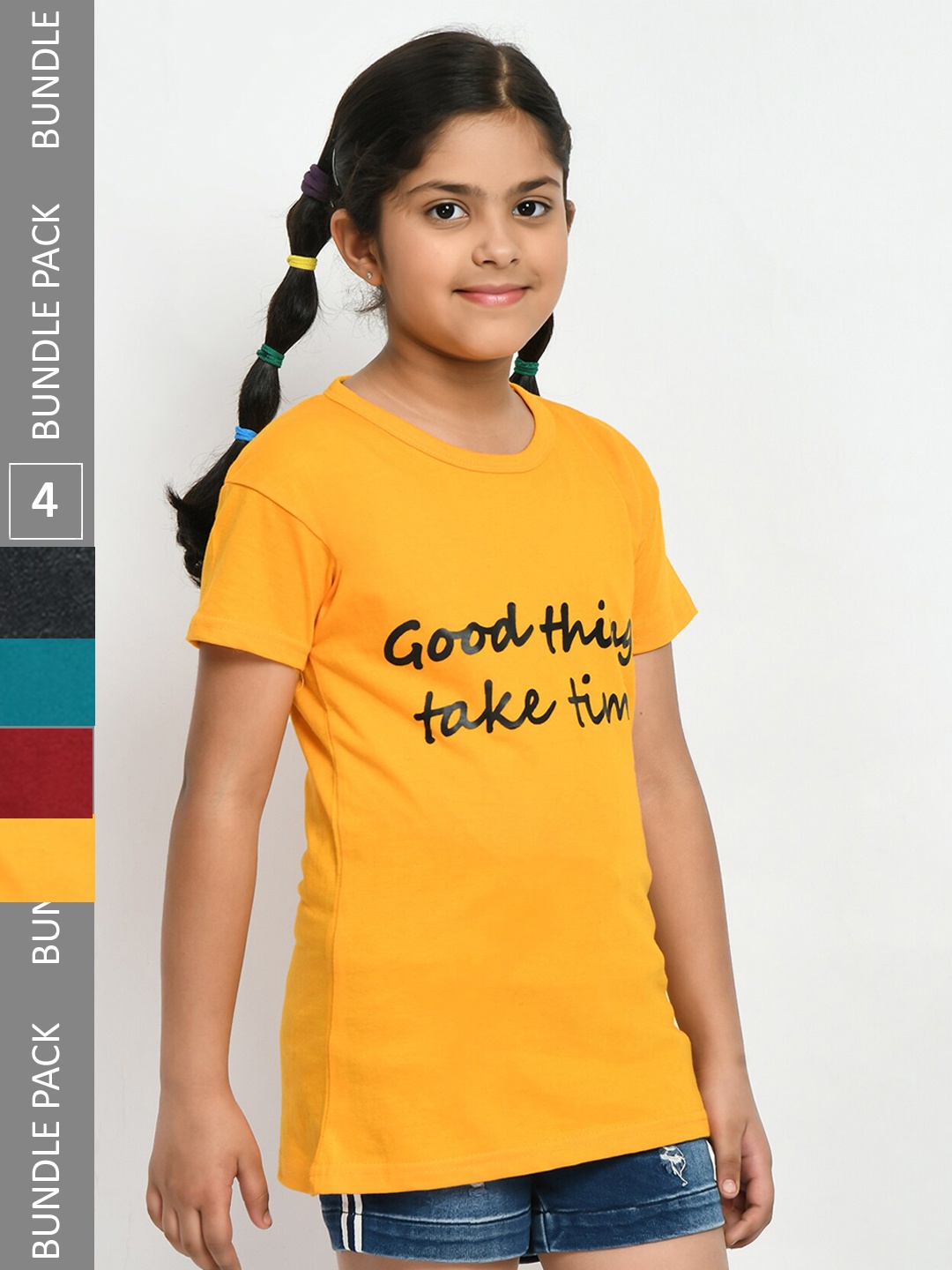 

IndiWeaves Girls Pack Of 4 Typography Printed Cotton T-shirts, Yellow