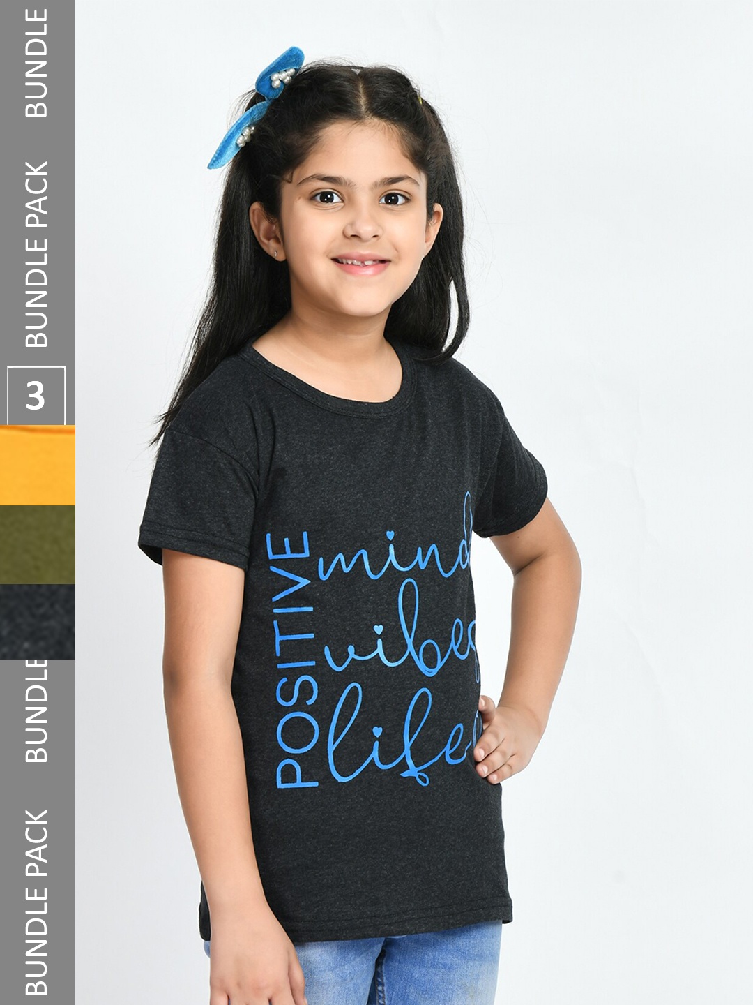

IndiWeaves Girls Pack Of 3 Printed Cotton T-shirts, Black