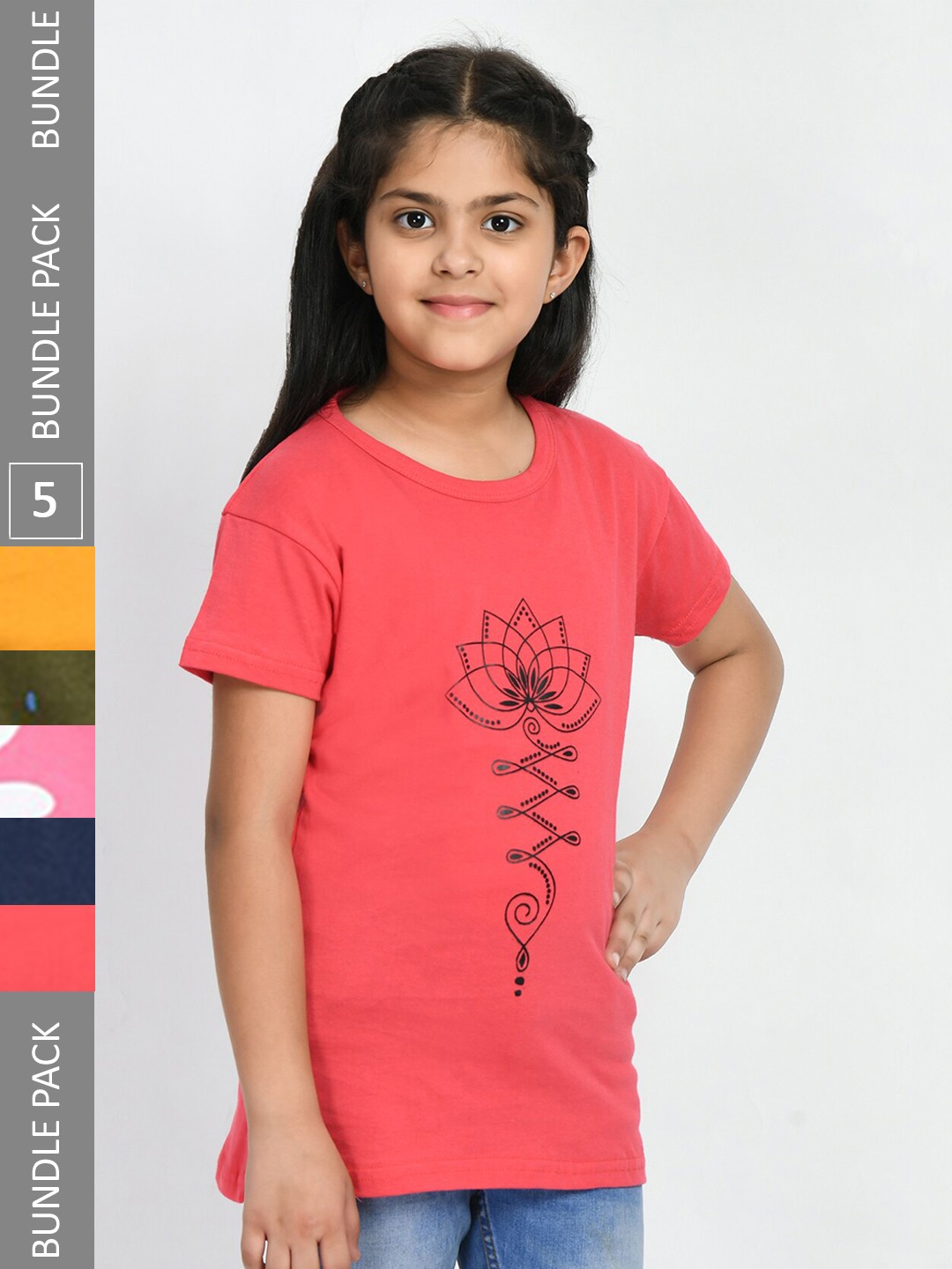 

IndiWeaves Girls Pack Of 5 Cotton T-shirt, Coral