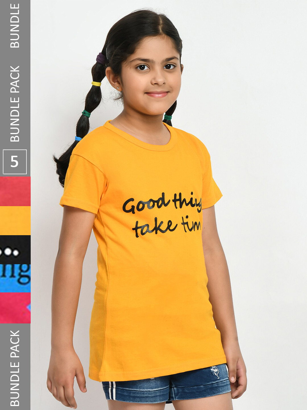 

IndiWeaves Girls Pack Of 5 Graphic Printed Cotton T-Shirt, Yellow