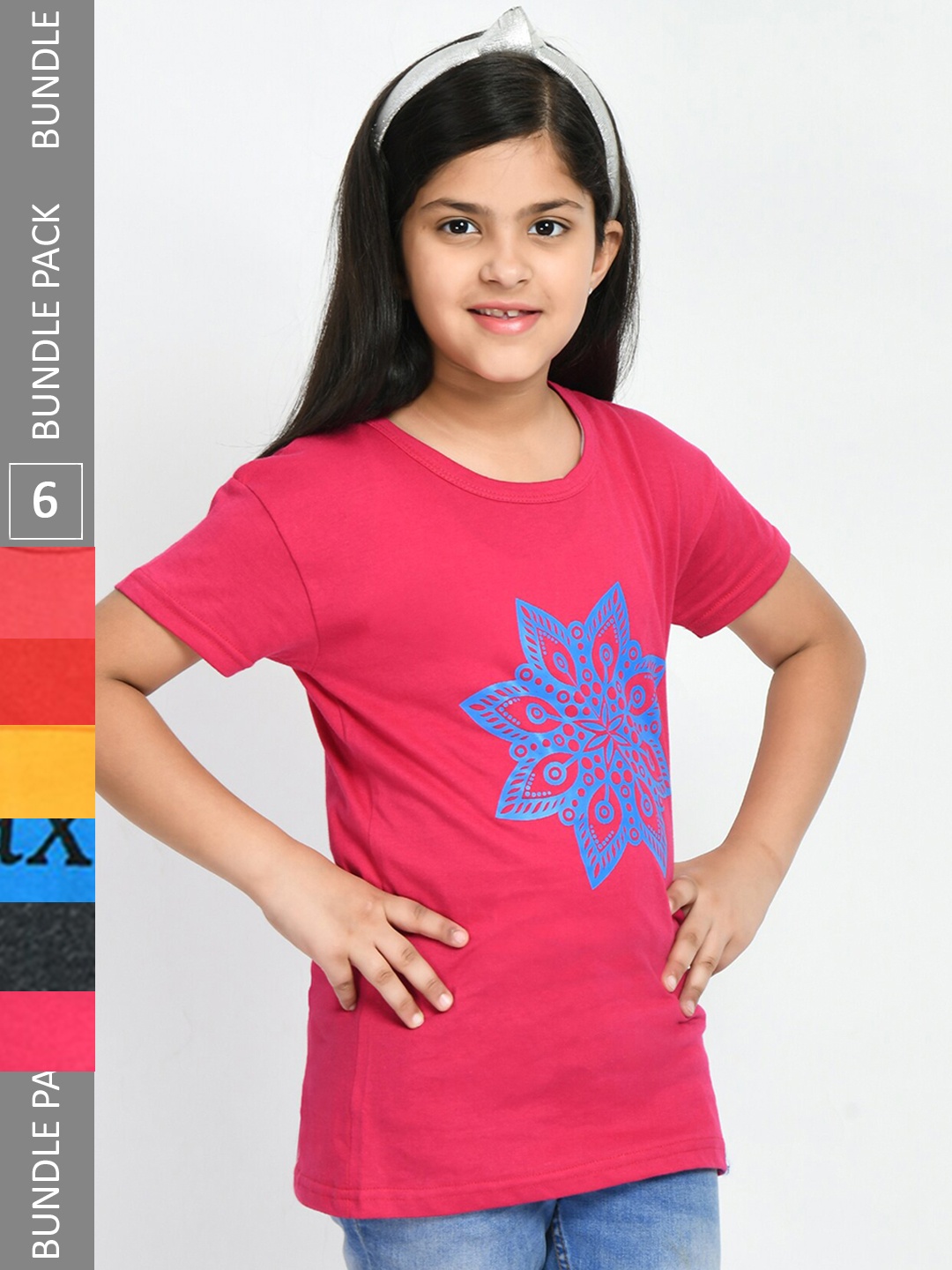 

IndiWeaves Girls Pack Of 6 Printed Cotton T-shirt, Pink