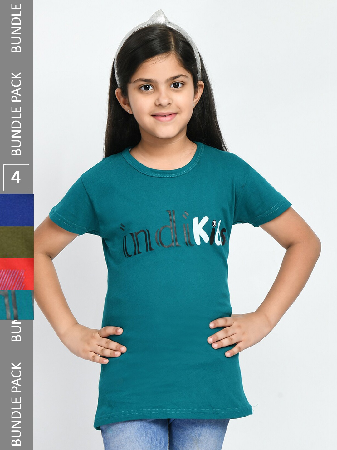 

IndiWeaves Girls Pack Of 4 Printed Cotton T-shirts, Teal