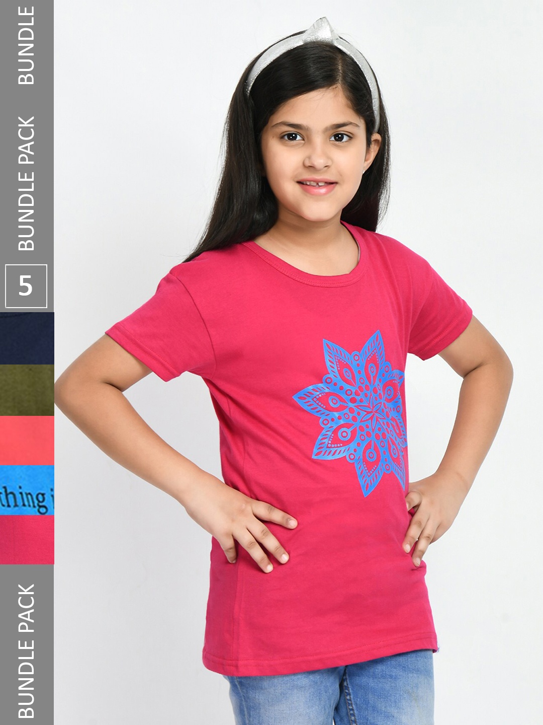 

IndiWeaves Girls Pack Of 5 Graphic Printed Cotton T-shirts, Pink