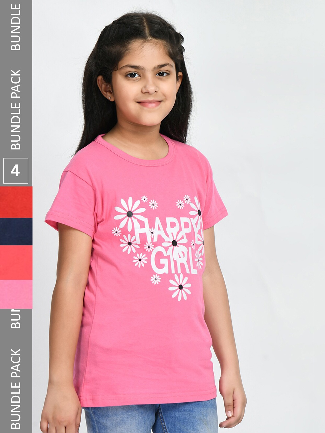 

IndiWeaves Girls Pack Of 4 Printed Cotton T-shirts, Pink