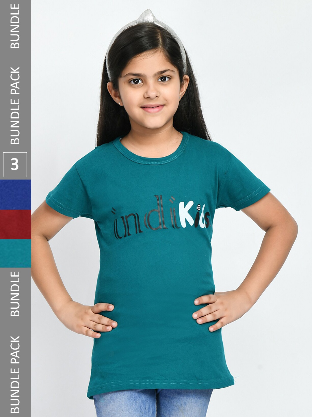 

IndiWeaves Girls Pack Of 3 Printed Cotton T-shirts, Teal