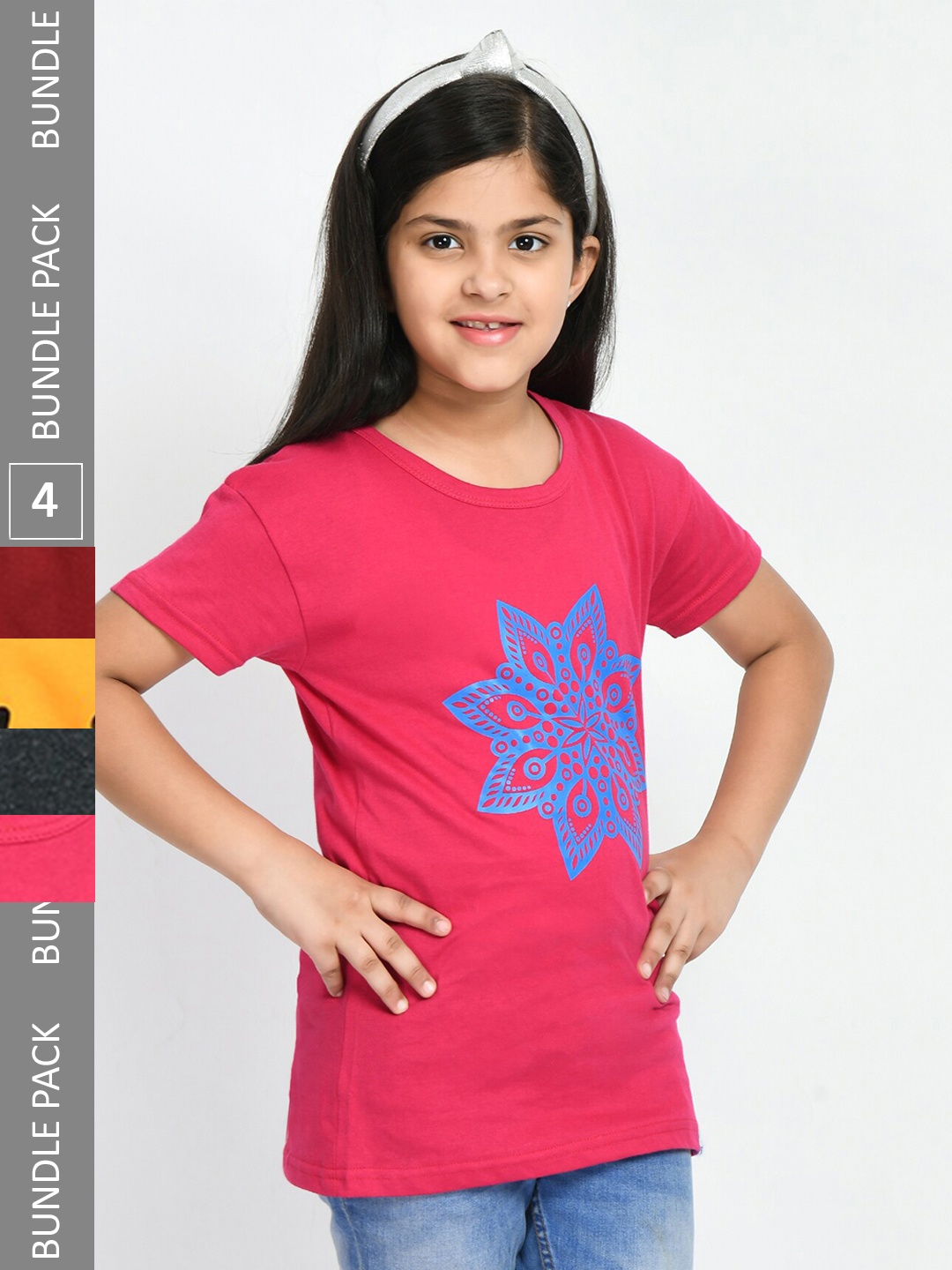 

IndiWeaves Girls Pack Of 4 Cotton T-shirt, Multi