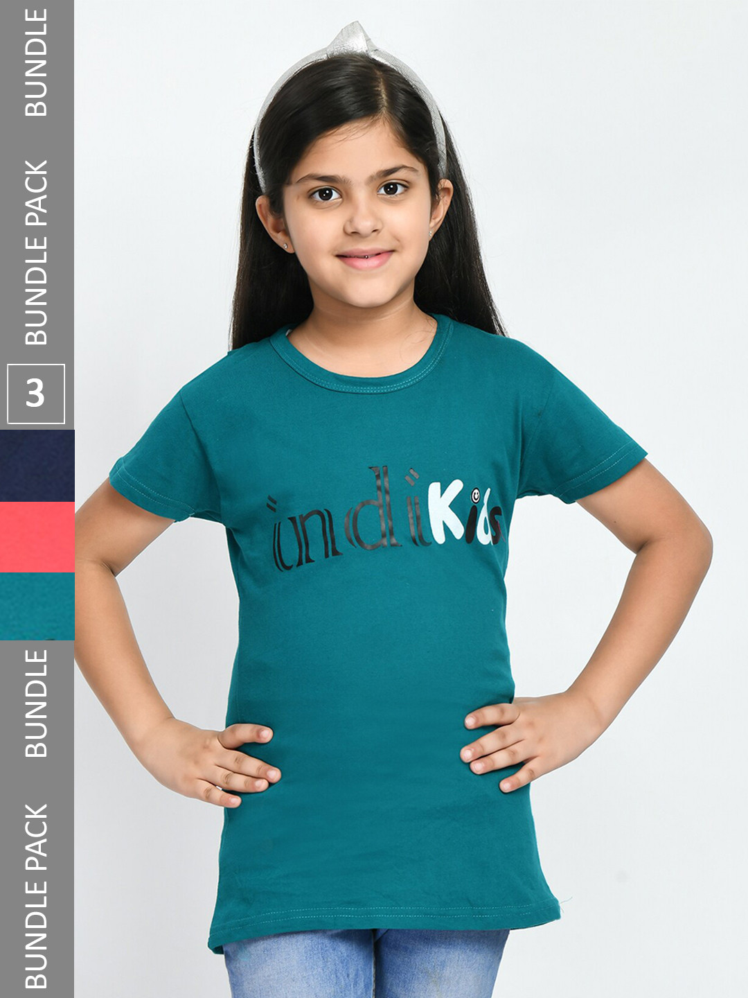 

IndiWeaves Girls Pack Of 3 Printed Cotton T-Shirt, Teal