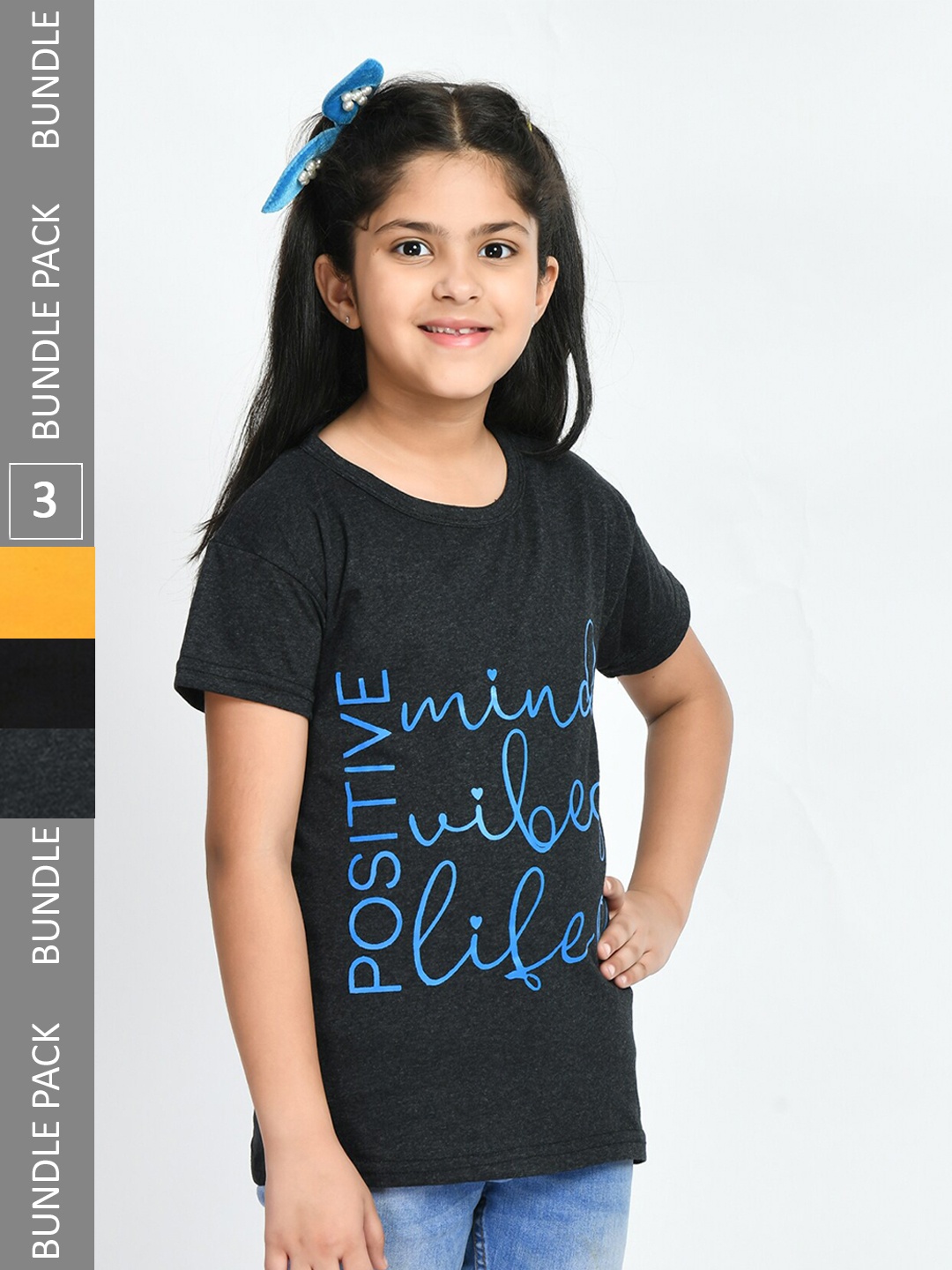 

IndiWeaves Girls Pack Of 3 Cotton T-shirt, Charcoal