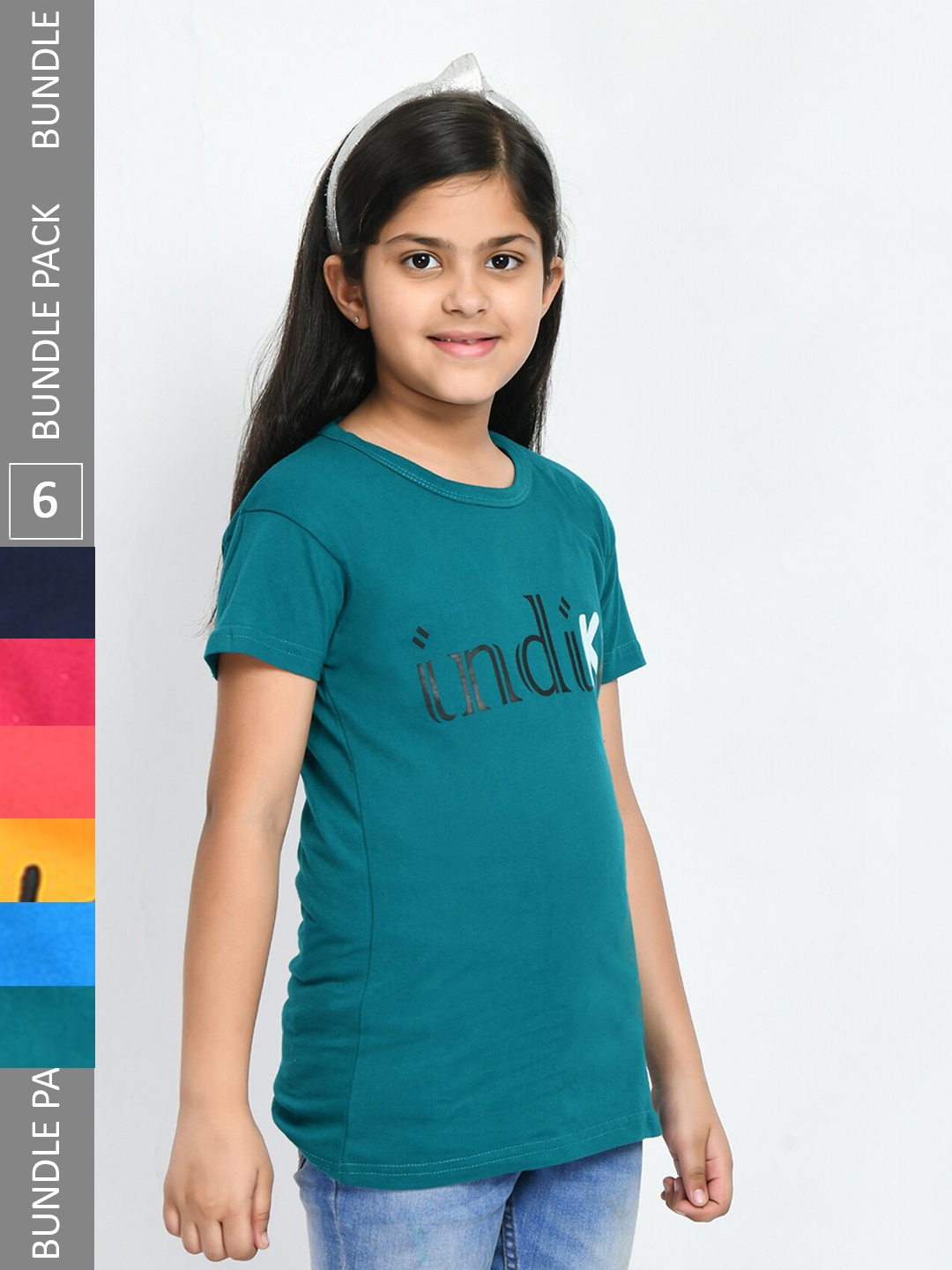 

IndiWeaves Girls Pack Of 6 Printed Cotton T-shirts, Teal