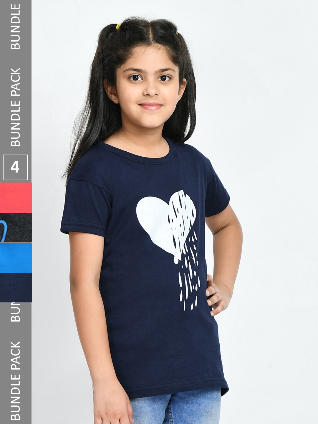 

IndiWeaves Girls Pack Of 4 Printed Cotton T-shirt, Navy blue
