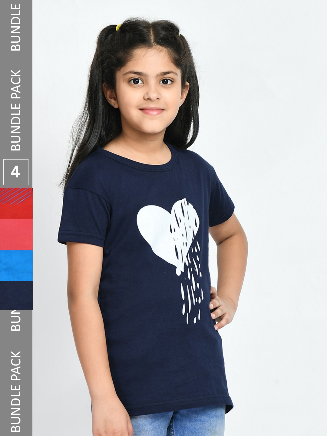 

IndiWeaves Girls Pack Of 4 Printed Cotton T-shirts, Navy blue