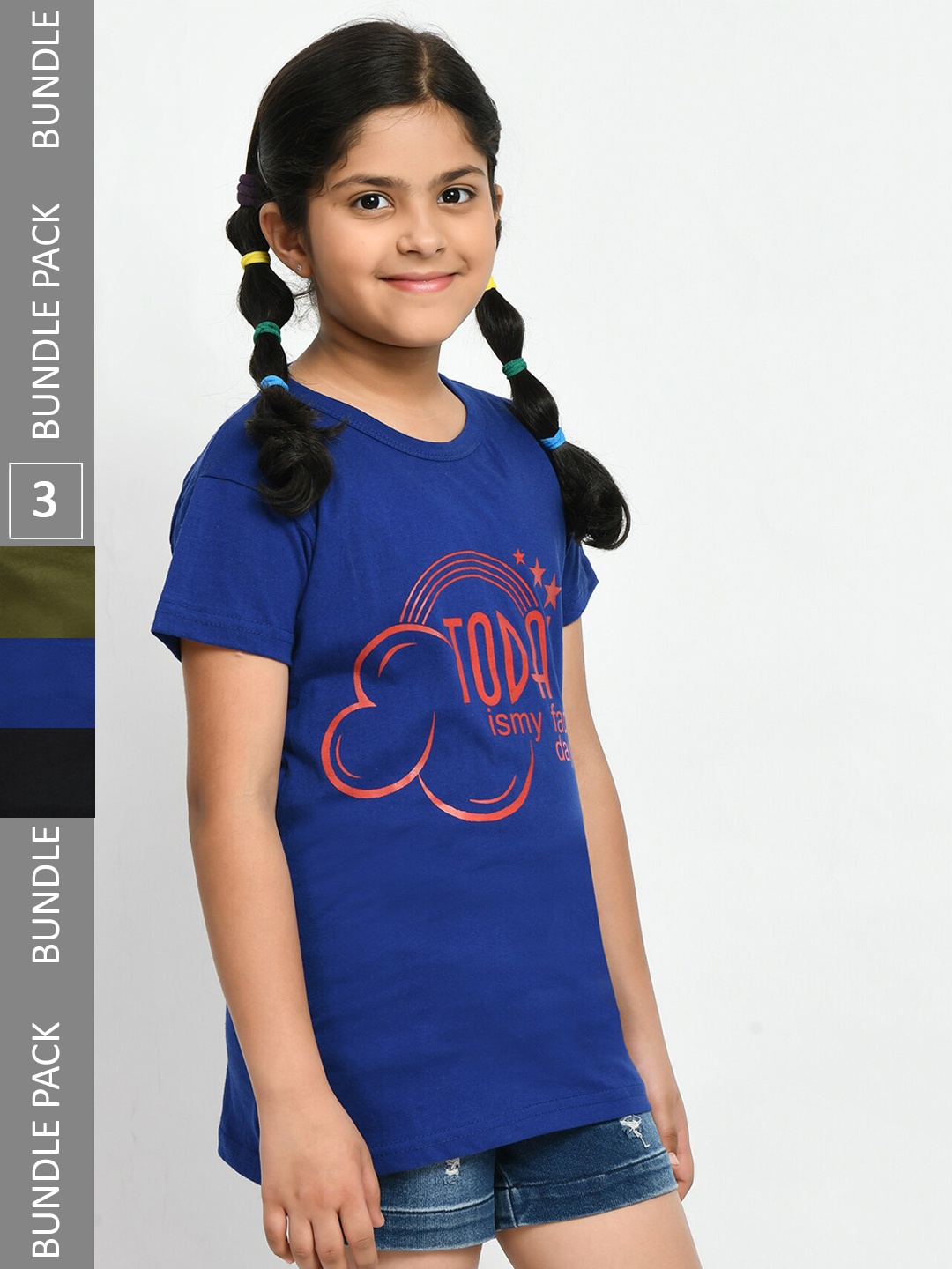 

IndiWeaves Girls Pack Of 3 Printed Cotton T-shirts, Blue