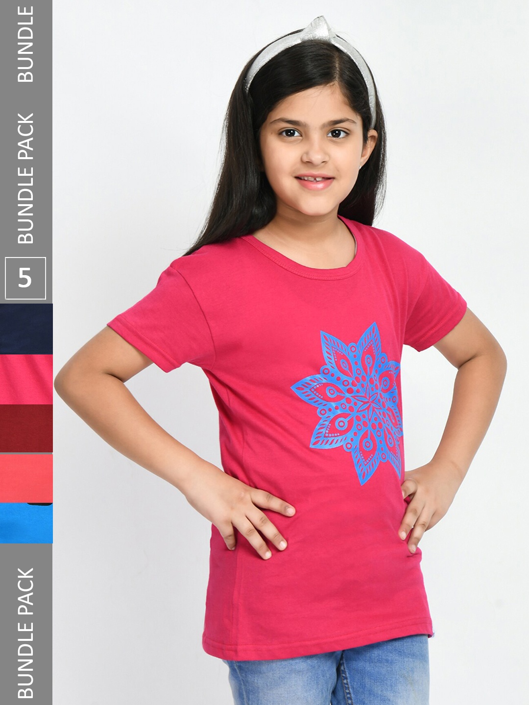 

IndiWeaves Girls Pack Of 5 Cotton T-shirt, Multi