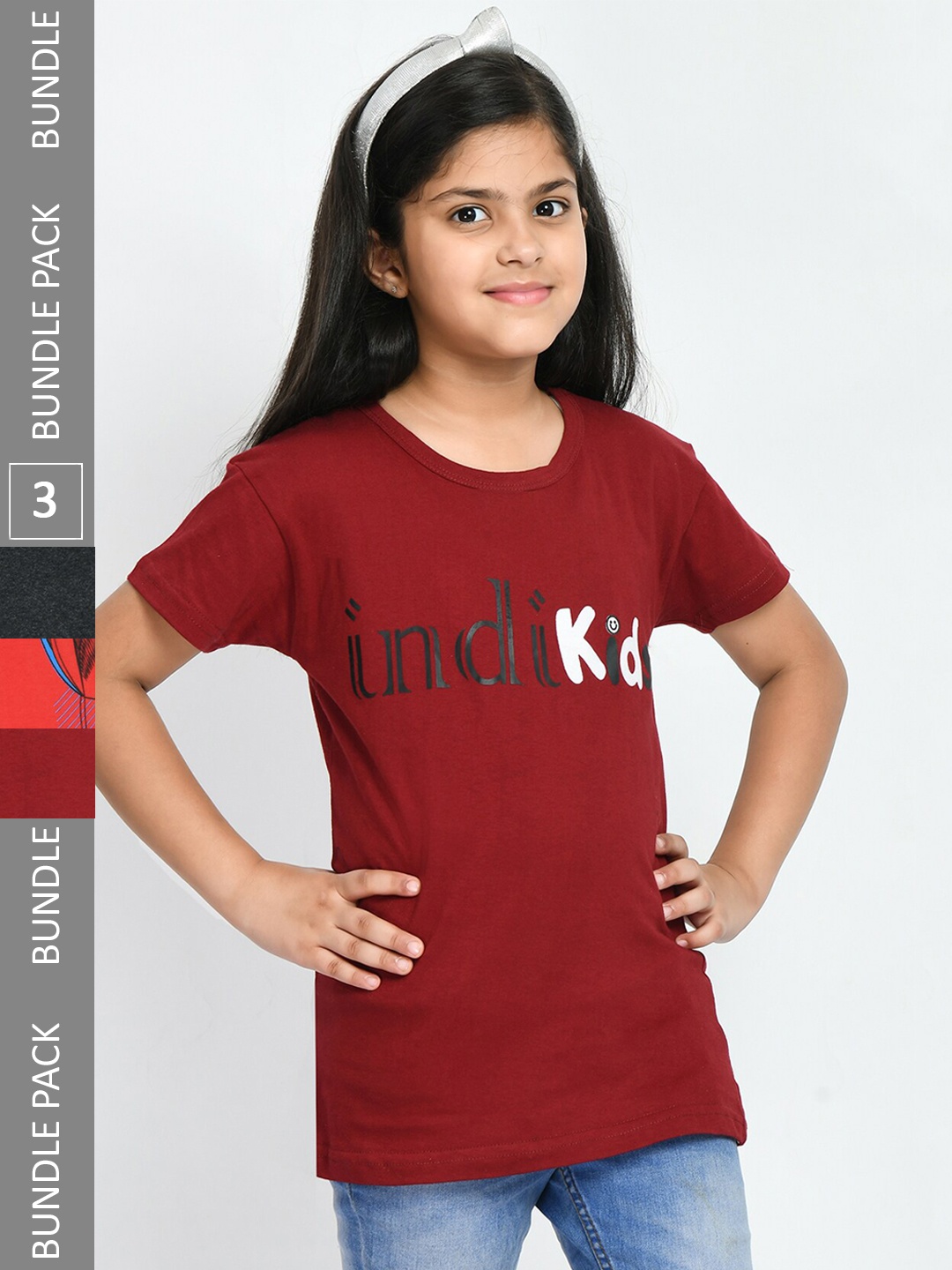 

IndiWeaves Girls Pack Of 3 Printed Cotton T-shirt, Maroon