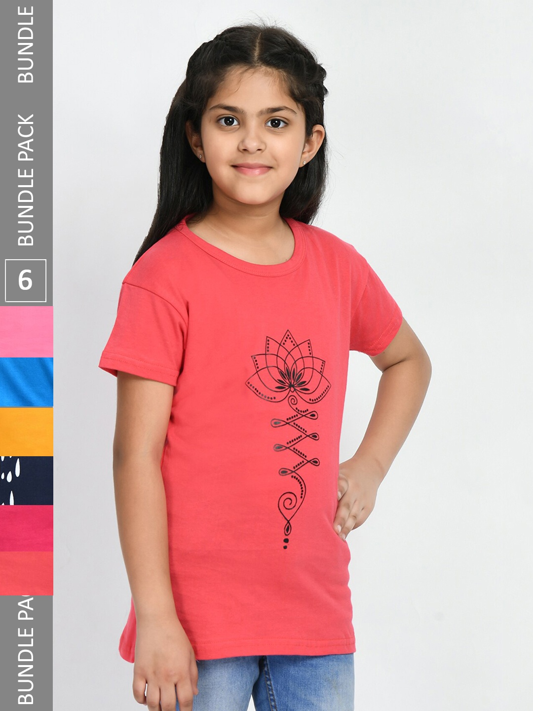 

IndiWeaves Girls Pack Of 6 Printed Cotton T-shirts, Coral
