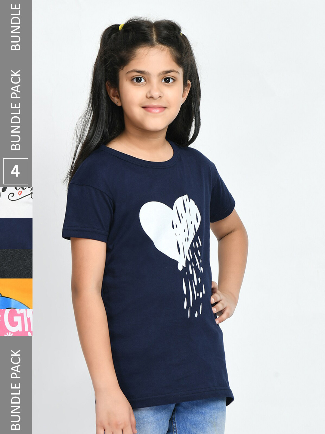 

IndiWeaves Girls Pack Of 4 Printed Cotton T-Shirt, Navy blue