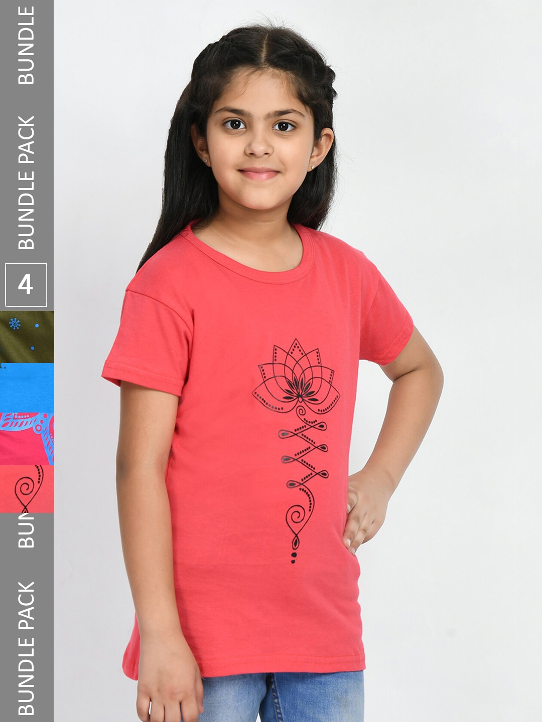 

IndiWeaves Girls Pack Of 4 Printed Cotton T-shirt, Peach