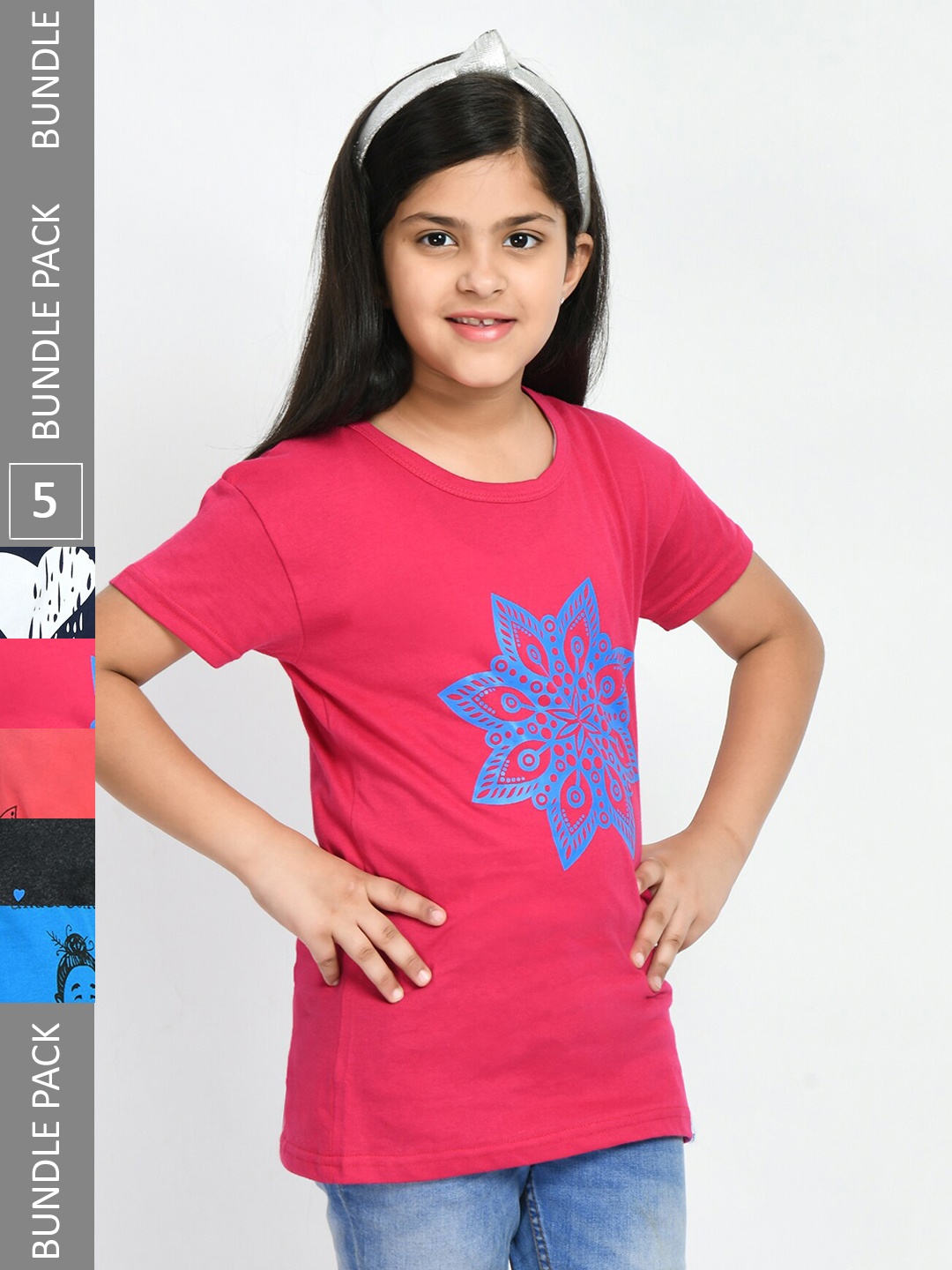 

IndiWeaves Girls Pack Of 5 Cotton T-shirt, Pink