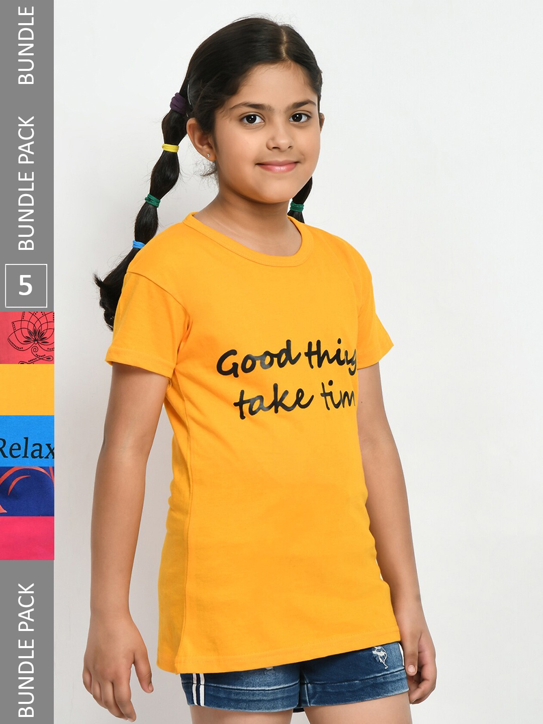 

IndiWeaves Girls Pack Of 5 Graphic Printed Cotton T-Shirt, Blue
