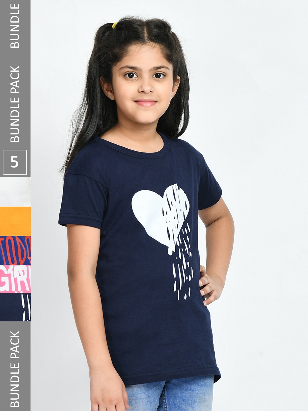 

IndiWeaves Girls Pack Of 5 Graphic Printed Cotton T-shirts, Navy blue