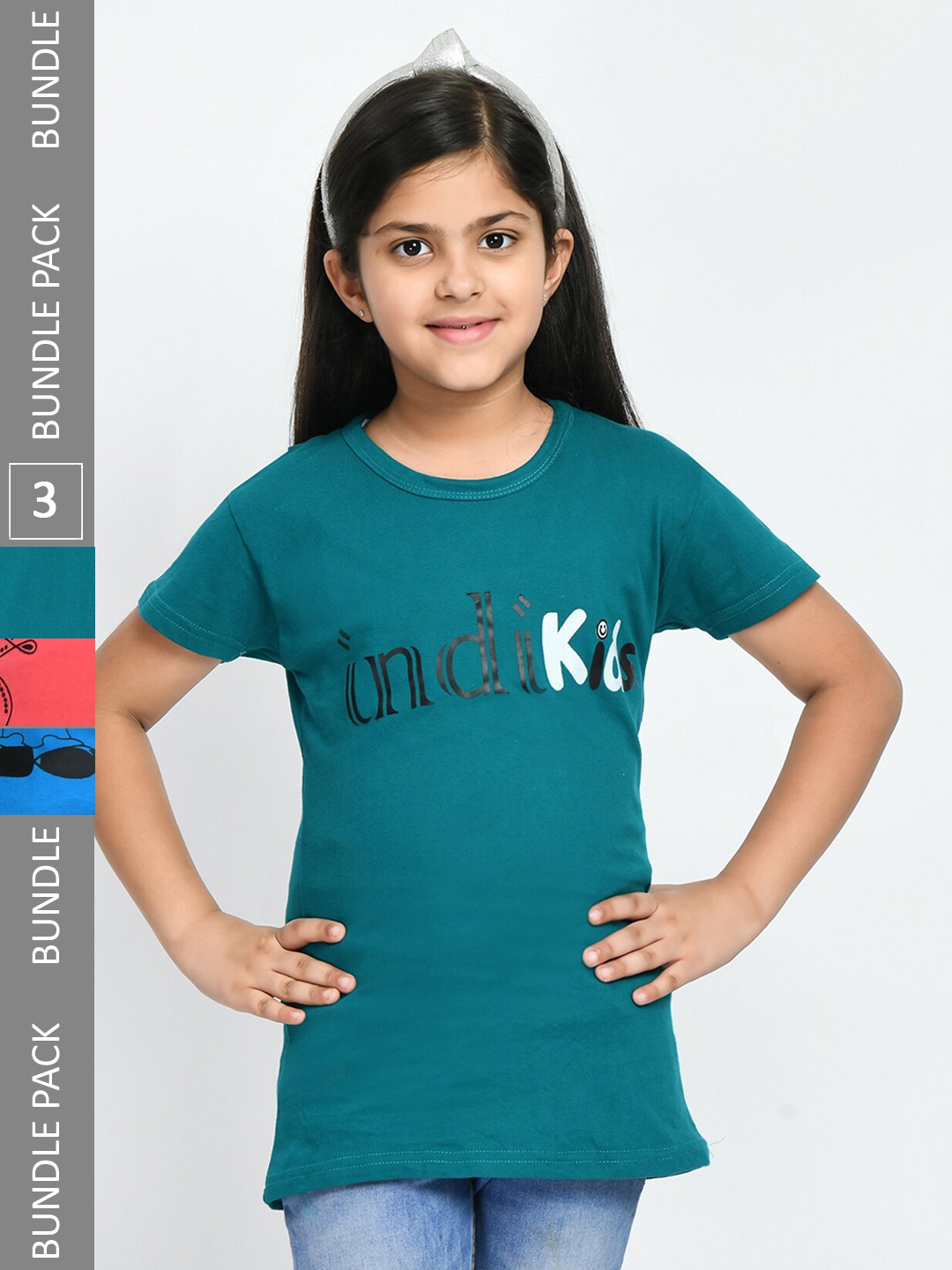 

IndiWeaves Girls Pack Of 3 Printed Cotton T-shirts, Teal