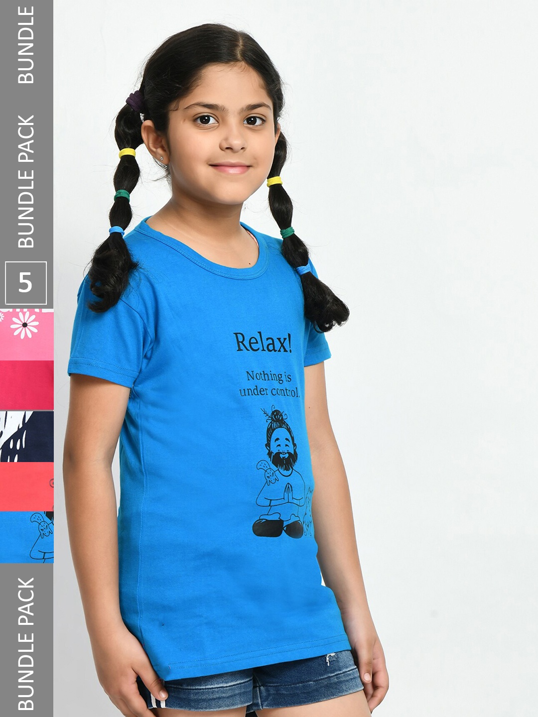 

IndiWeaves Girls Pack Of 5 Printed Cotton T-Shirt, Blue