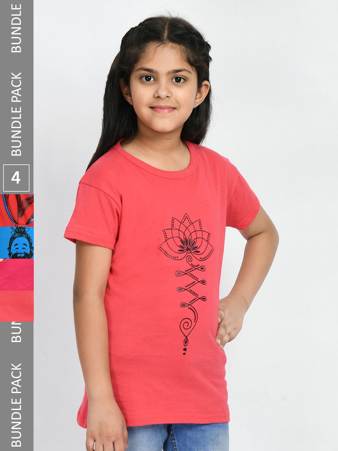 

IndiWeaves Girls Pack Of 4 Graphic Printed Cotton T-shirts, Pink