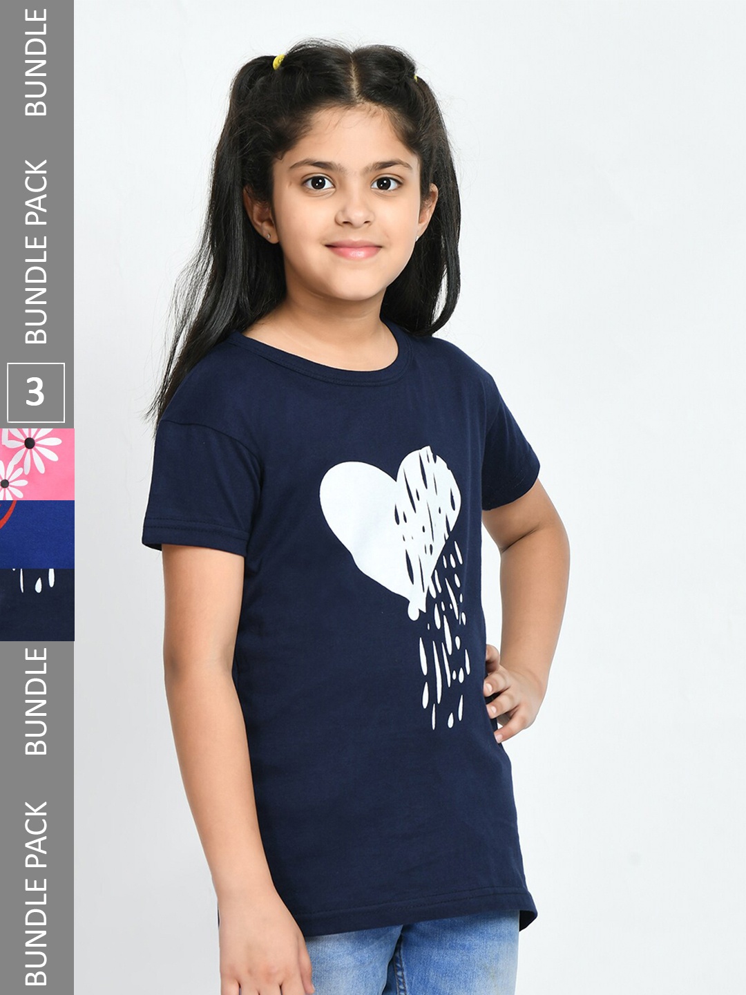 

IndiWeaves Girls Pack Of 3 Printed Cotton T-shirt, Navy blue