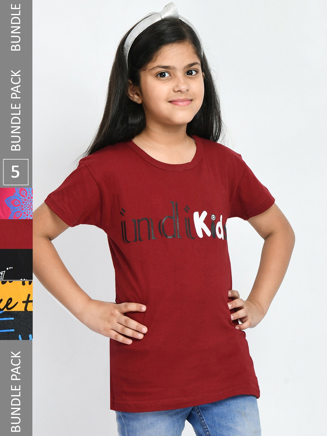 

IndiWeaves Girls Pack Of 5 Cotton T-shirt, Maroon