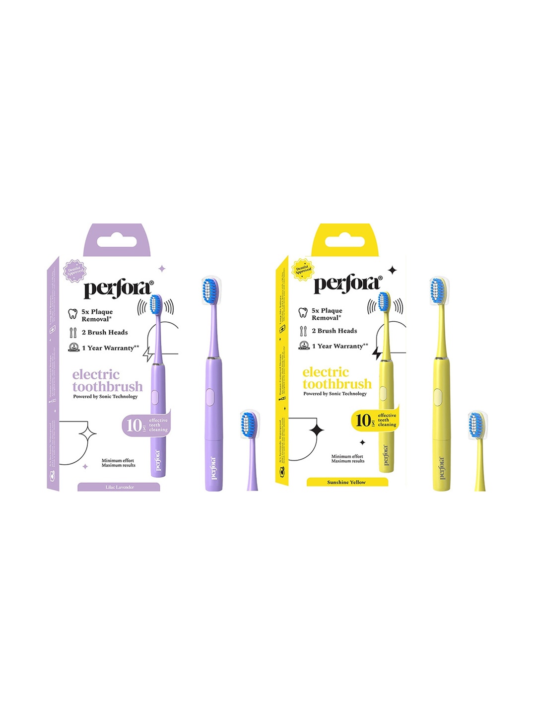

Perfora Set of 2 Waterproof Electric Toothbrush - Sunshine Yellow & Lilac Lavender