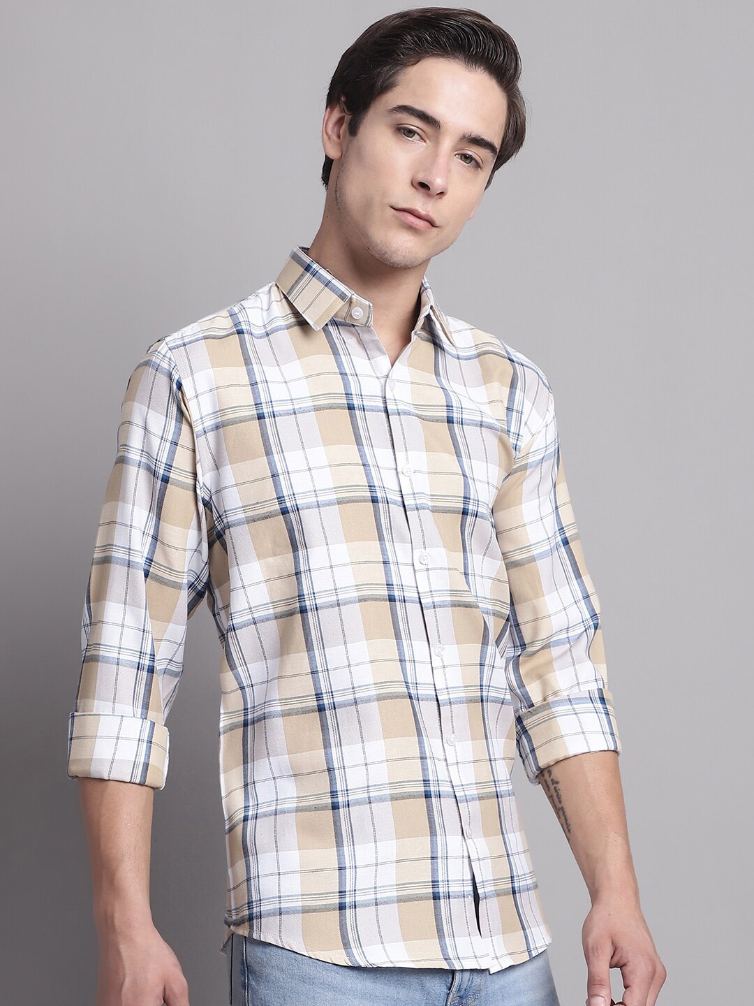 

JAINISH Classic Regular Fit Tartan Checked Pure Cotton Casual Shirt, White