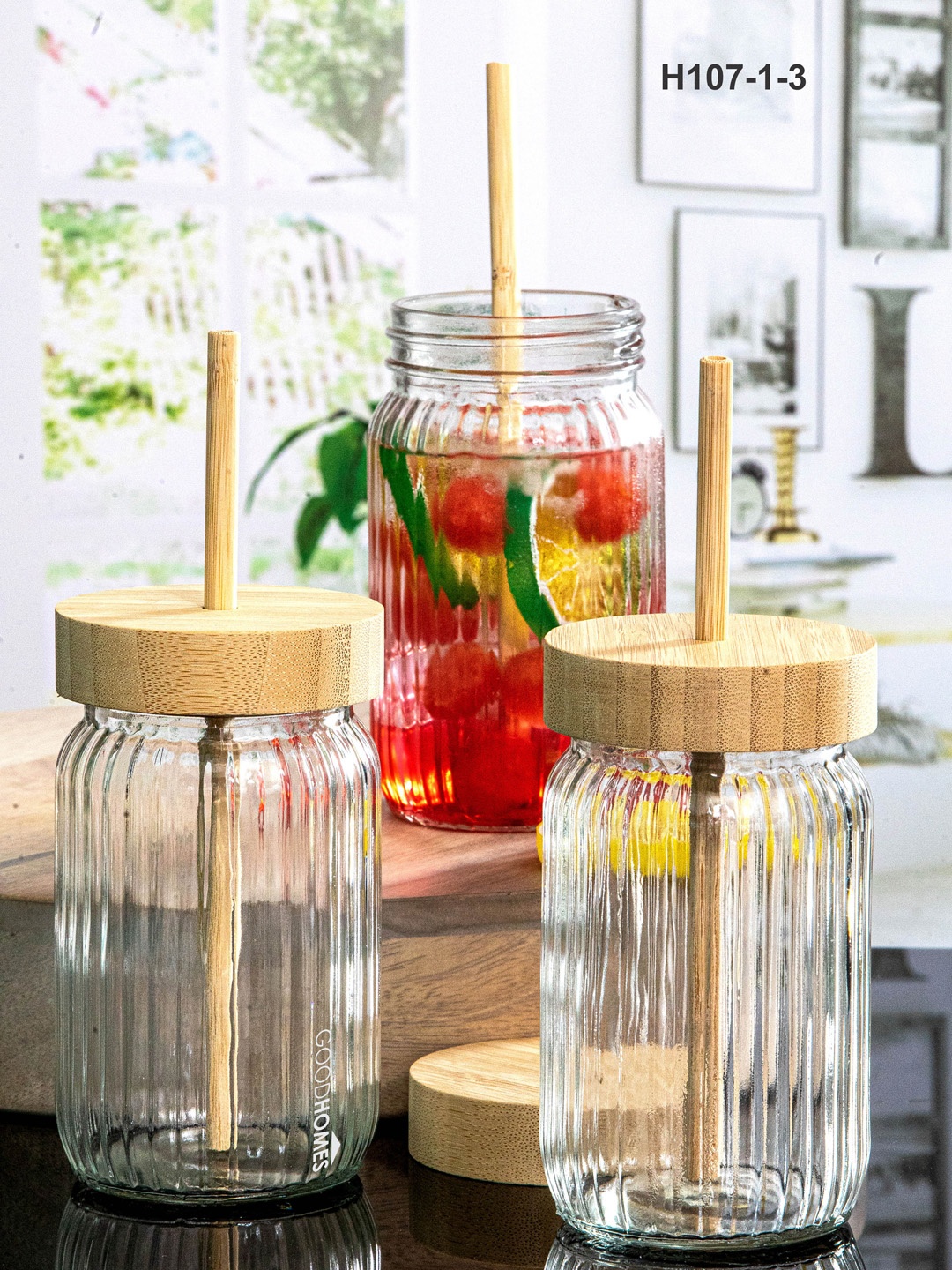 

GOODHOMES Transparent 3 Pieces Glass Drinking Water Bottles With Lid & Straw 450 ml