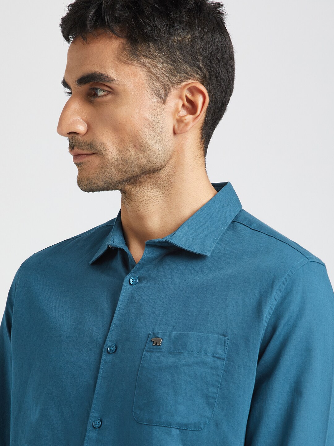 

THE BEAR HOUSE Slim Fit Cotton Linen Casual Shirt, Teal
